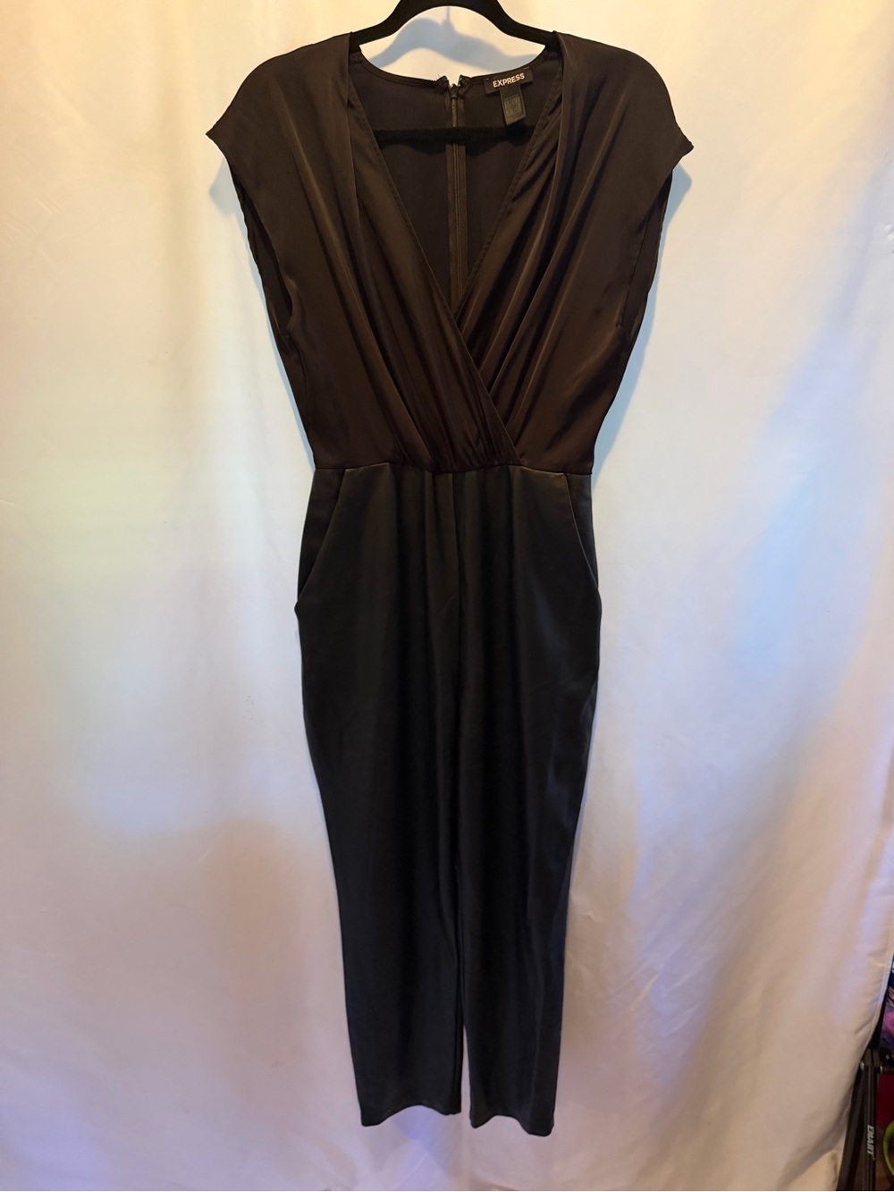 Express Black Cap Sleeve Surplice Jumpsuit With Leather Bottom